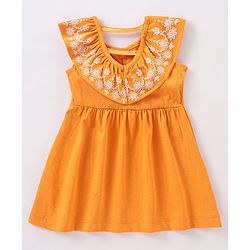 Babyhug 100% Cotton Sleeveless Frock With Embroidery - Orange