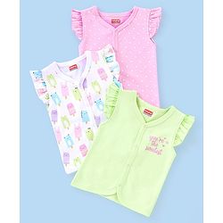Babyhug 100% Cotton Frill Sleeves Vests Popsicle & Dot Print Pack of 3- Green & Pink