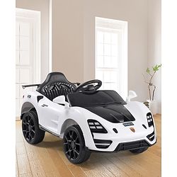 Babyhug Battery Operated Ride On Car with Music & Lights - White| Forward & Reverse Drive| Wide Comfortable Seat| Rechargeable Battery| Remote Control| Pre-loaded Music with USB & AUX