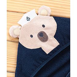 Babyhug  Woven Terry Hooded Towel Bear Embroidery - Blue