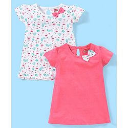Babyhug 100% Cotton Half Sleeves A Line Floral Printed Frock with Bow Applique Pack of 2 - Pink