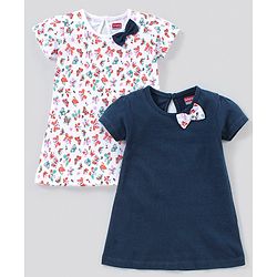 Babyhug 100% Cotton Knit Half Sleeves Butterfly Print Frocks With Bow Applique Pack Of 2 - White & Navy Blue