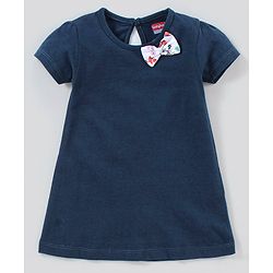 Babyhug 100% Cotton Knit Half Sleeves Butterfly Print Frocks With Bow Applique Pack Of 2 - White & Navy Blue