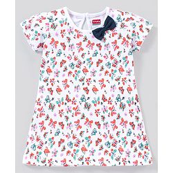 Babyhug 100% Cotton Knit Half Sleeves Butterfly Print Frocks With Bow Applique Pack Of 2 - White & Navy Blue