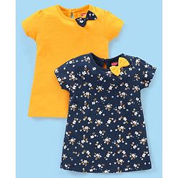 Babyhug 100% Cotton Half Sleeves Floral Print Frocks with Bow Applique Pack of 2 - Navy Blue & Yellow