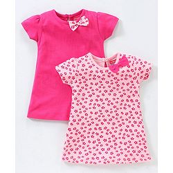 Babyhug 100% Cotton Knit Half Sleeves Floral Print Frocks With Bow Applique Pack of 2 - Pink