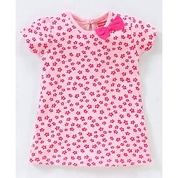 Babyhug 100% Cotton Knit Half Sleeves Floral Print Frocks With Bow Applique Pack of 2 - Pink
