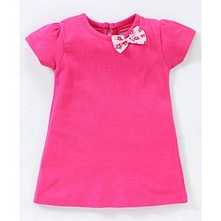 Babyhug 100% Cotton Knit Half Sleeves Floral Print Frocks With Bow Applique Pack of 2 - Pink
