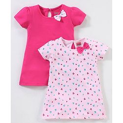 Babyhug 100% Cotton Half Sleeves Frock with Bow Applique - Pink