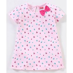 Babyhug 100% Cotton Half Sleeves Frock with Bow Applique - Pink