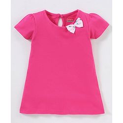 Babyhug 100% Cotton Half Sleeves Frock with Bow Applique - Pink