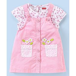 Babyhug 100% Cotton   Frock with Half Sleeves Inner Tee Floral Print and Embroidery - Pink