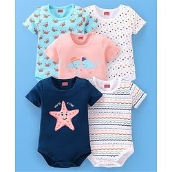 Babyhug 100% Cotton Half Sleeves Onesies Sea Life & Star Print Pack Of 5 - Blue Pink & White