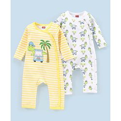 Babyhug 100% Cotton Full Sleeves Romper Pack Of 2 Dino Print - Yellow and White