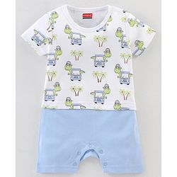Babyhug 100% Cotton Half Sleeves Romper Dino In Car Print - Blue
