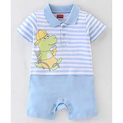 Babyhug 100% Cotton Half Sleeves Stripe Romper Dino Print - Blue