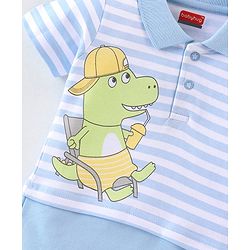 Babyhug 100% Cotton Half Sleeves Stripe Romper Dino Print - Blue