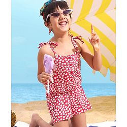Babyhug 100% Cotton Knitted Singlet Sleeves Jumpsuit Floral Print - Red