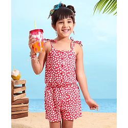 Babyhug 100% Cotton Knitted Singlet Sleeves Jumpsuit Floral Print - Red