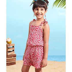 Babyhug 100% Cotton Knitted Singlet Sleeves Jumpsuit Floral Print - Red