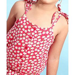 Babyhug 100% Cotton Knitted Singlet Sleeves Jumpsuit Floral Print - Red