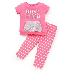 Babyhug 100% Cotton Knit Half Sleeves Text Printed Top and Striped Lounge Pant - Pink