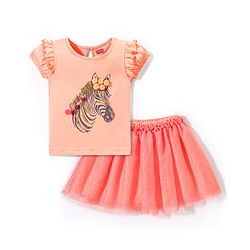 Babyhug 100% Cotton Half Sleeves Top & Skirt with Frill Detailing Zebra Print - Peach & Orange