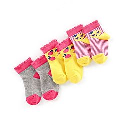 Cute Walk by Babyhug Non Terry Cotton Knit Ankle Length Anti Bacterial Socks Striped Pack of 3 - Yellow & Grey