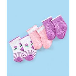 Cute Walk by Babyhug Non Terry Cotton Knit Ankle Length Anti Bacterial Socks Floral Design Pack of 3 - Pink & Purple
