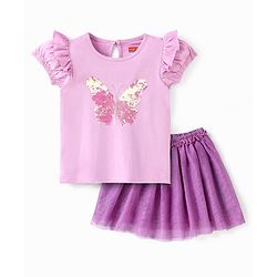 Babyhug Half Sleeves Sequins Top & Skirt - Lilac