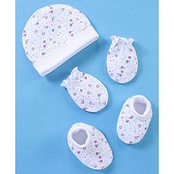 Babyhug 100% Cotton Cap Mittens And Booties Floral Print - White