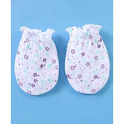 Babyhug 100% Cotton Cap Mittens And Booties Floral Print - White