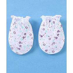 Babyhug 100% Cotton Cap Mittens And Booties Floral Print - White