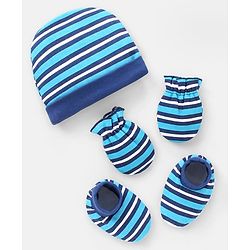 Babyhug 100% Cotton Striped Cap Mittens & Booties Navy Blue - Diameter 11 cm
