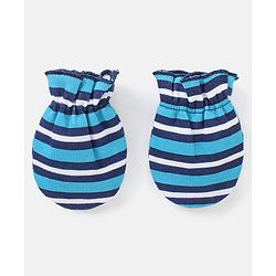 Babyhug 100% Cotton Striped Cap Mittens & Booties Navy Blue - Diameter 11 cm