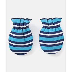 Babyhug 100% Cotton Striped Cap Mittens & Booties Navy Blue - Diameter 11 cm
