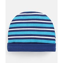 Babyhug 100% Cotton Striped Cap Mittens & Booties Navy Blue - Diameter 11 cm