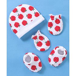 Babyhug 100% Cotton Cap Mittens & Booties Apple Print White- Diameter 11 cm