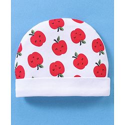 Babyhug 100% Cotton Cap Mittens & Booties Apple Print White- Diameter 11 cm