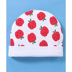 Babyhug 100% Cotton Cap Mittens & Booties Apple Print White- Diameter 11 cm