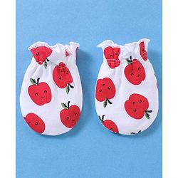 Babyhug 100% Cotton Cap Mittens & Booties Apple Print White- Diameter 11 cm