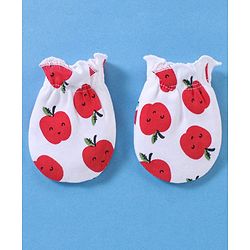 Babyhug 100% Cotton Cap Mittens & Booties Apple Print White- Diameter 11 cm