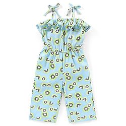 Babyhug 100% Cotton Knitted Off Shoulder Sleeves Jumpsuit Kiwi Print - Blue