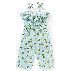 Babyhug 100% Cotton Knitted Off Shoulder Sleeves Jumpsuit Kiwi Print - Blue