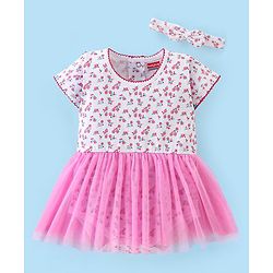 Babyhug 100% Cotton Knit Half Sleeves Frock Style Onesie with Headband Floral Print - Pink