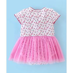 Babyhug 100% Cotton Knit Half Sleeves Frock Style Onesie with Headband Floral Print - Pink