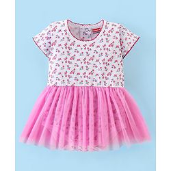 Babyhug 100% Cotton Knit Half Sleeves Frock Style Onesie with Headband Floral Print - Pink