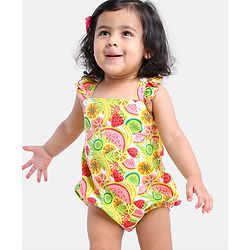 Babyhug 100% Cotton Sleeveless Fruits Printed Onesie - Green Pink & Red