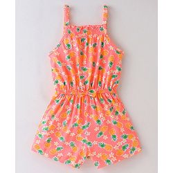 Babyhug 100% Cotton Knitted Sleeveless Jumpsuit with Bow Applique and Pineapple Print - Neon Orange