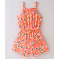 Babyhug 100% Cotton Knitted Sleeveless Jumpsuit with Bow Applique and Pineapple Print - Neon Orange